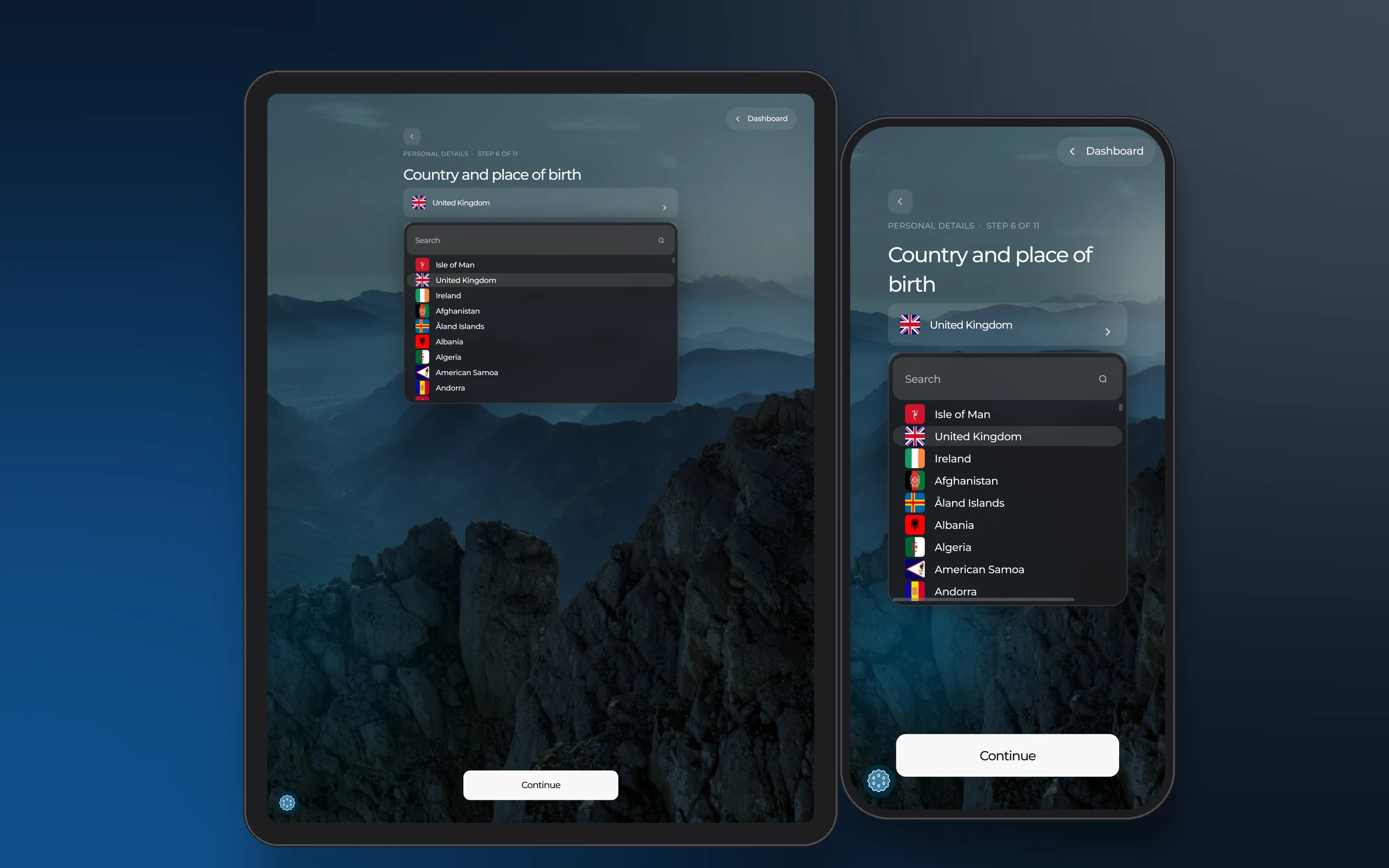 Choosing a country of birth on a tablet and a phone, with the most common countries first