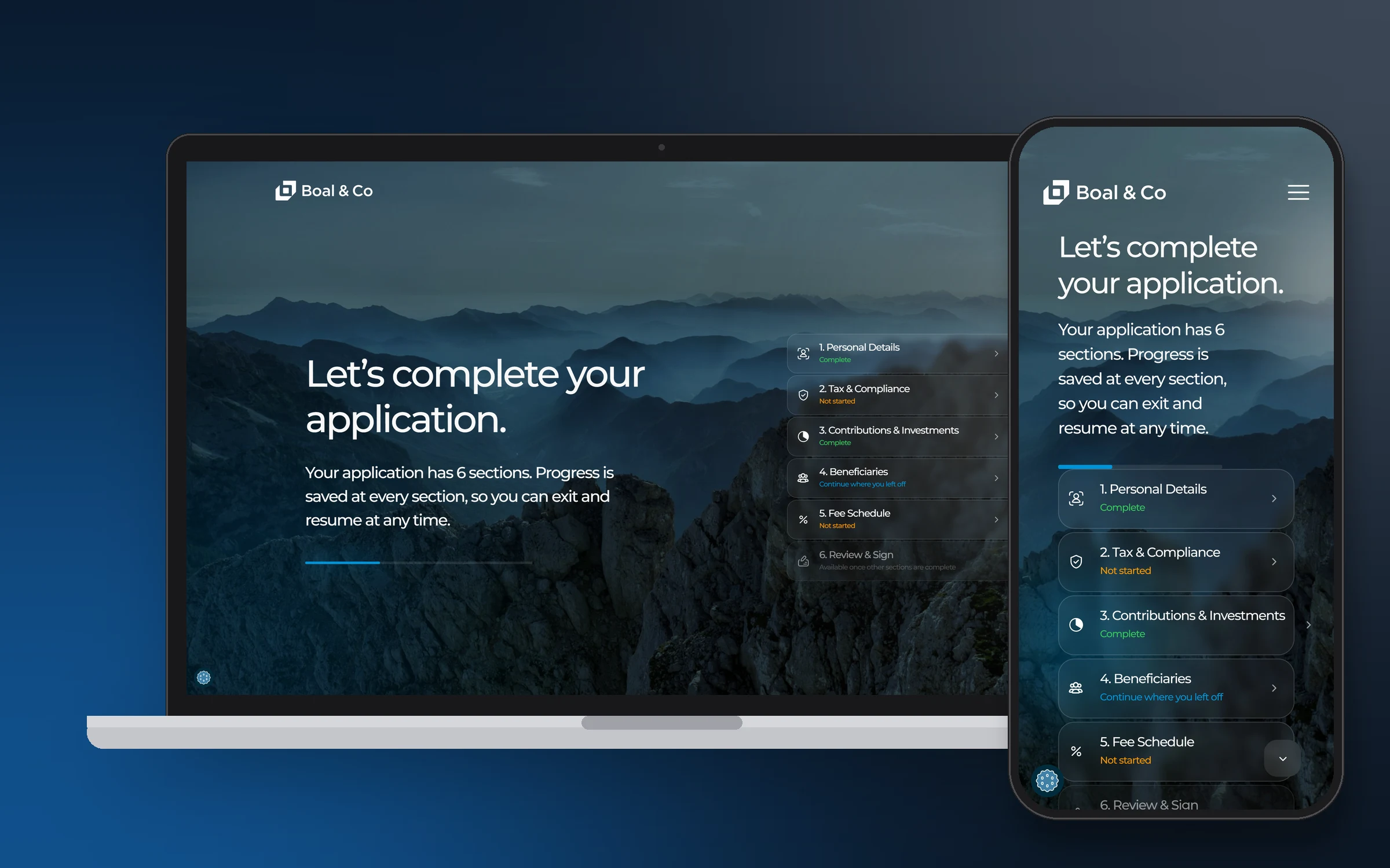 The Boal & Co application, Let’s complete your application, on a laptop and a phone