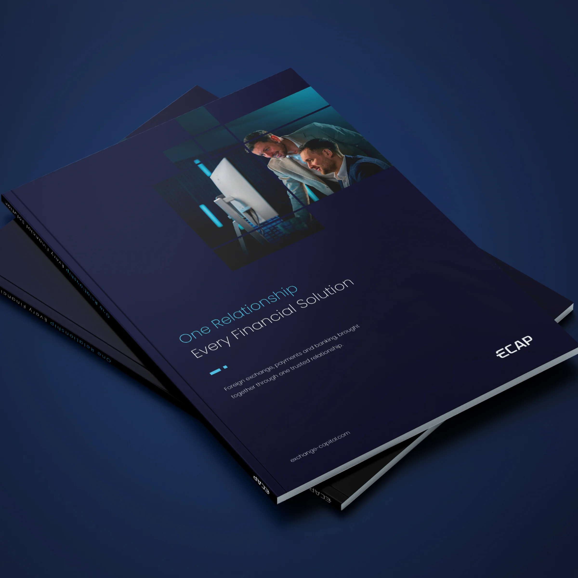 ECAP brochures in navy, with the line One Relationship. Every Financial Solution.