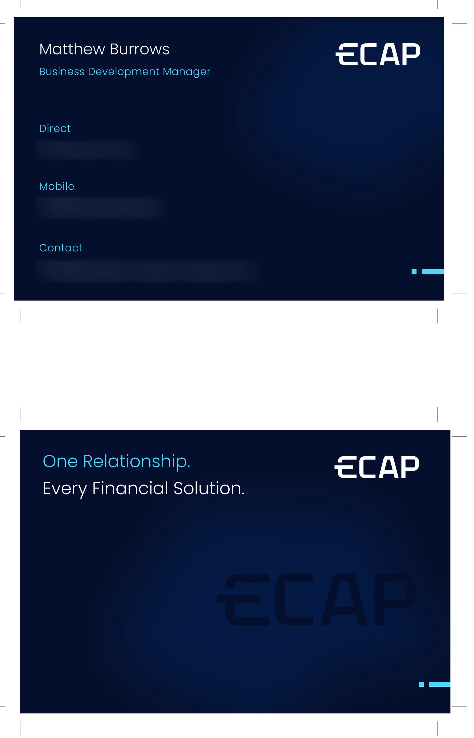 Front and back of an ECAP business card in navy, with the line One Relationship. Every Financial Solution.