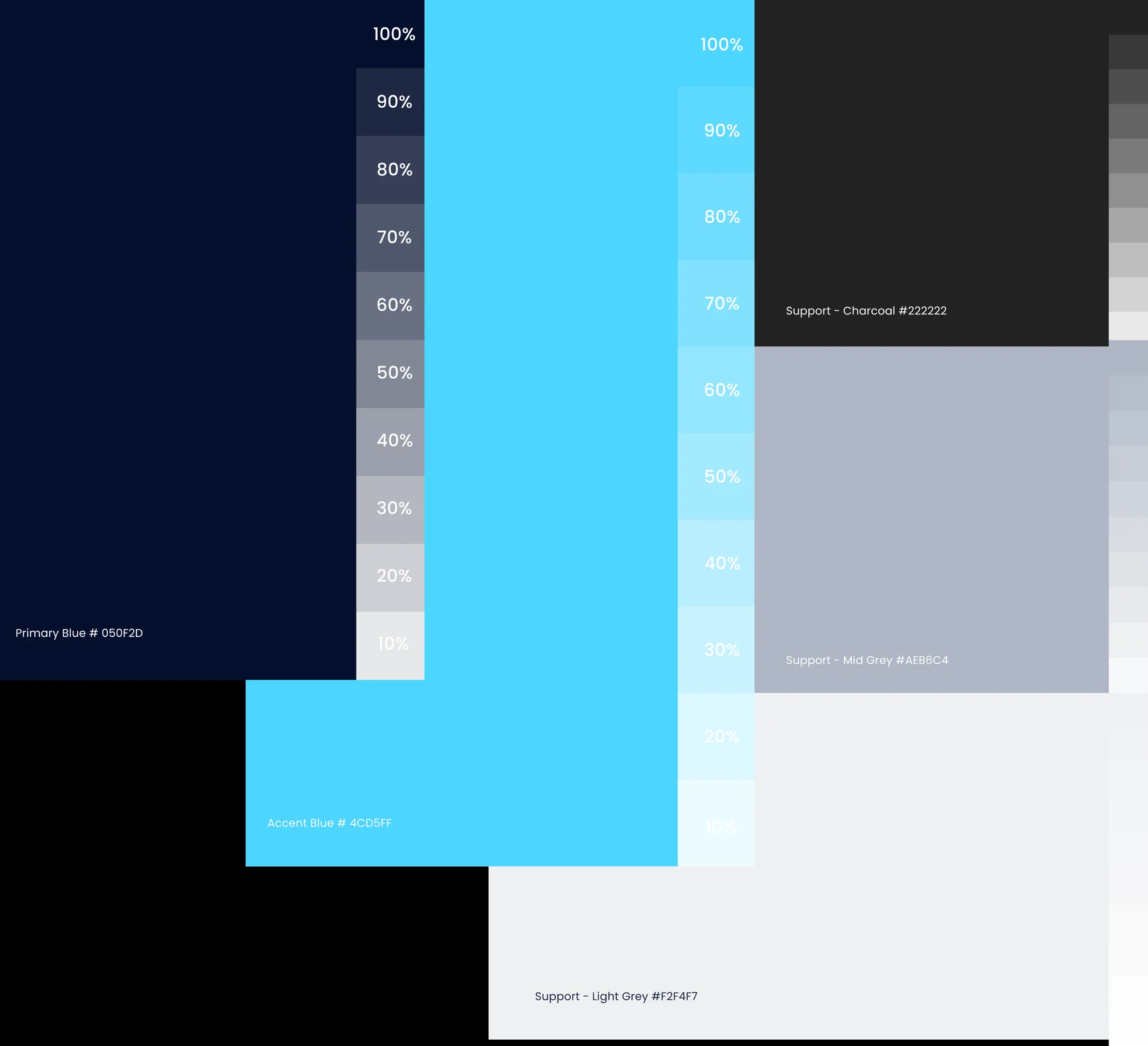 ECAP colour palette: primary navy, accent blue, charcoal, mid grey and light grey, with tints