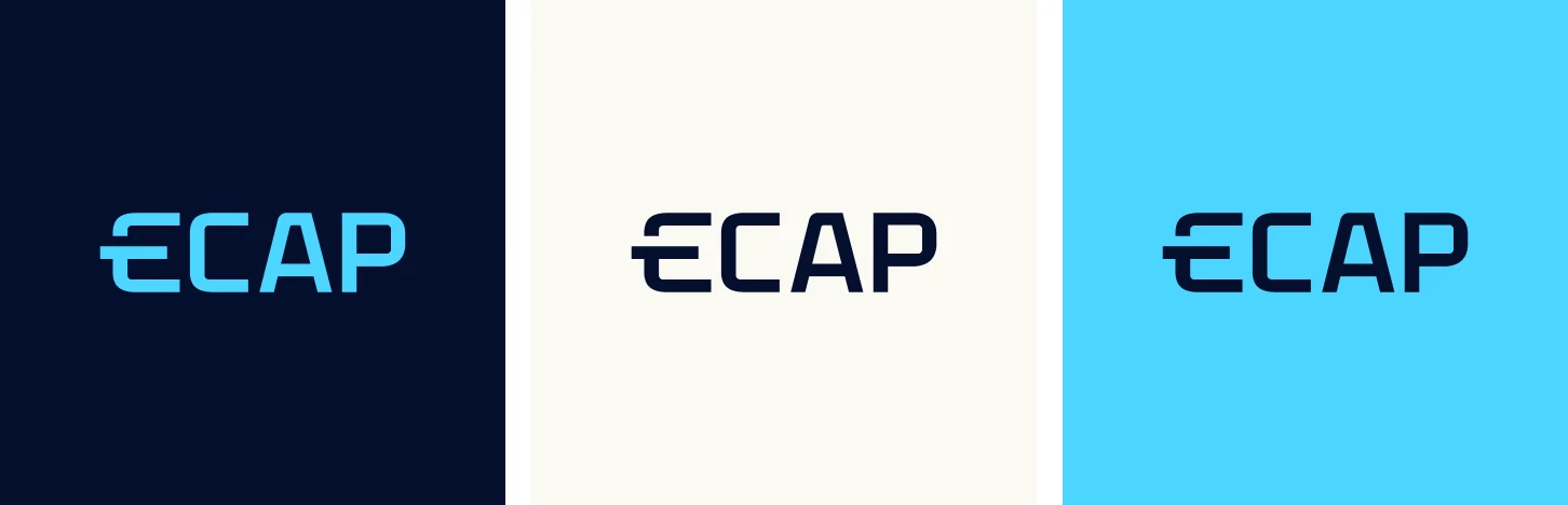 The ECAP logo in accent blue on navy, navy on off-white, and navy on accent blue