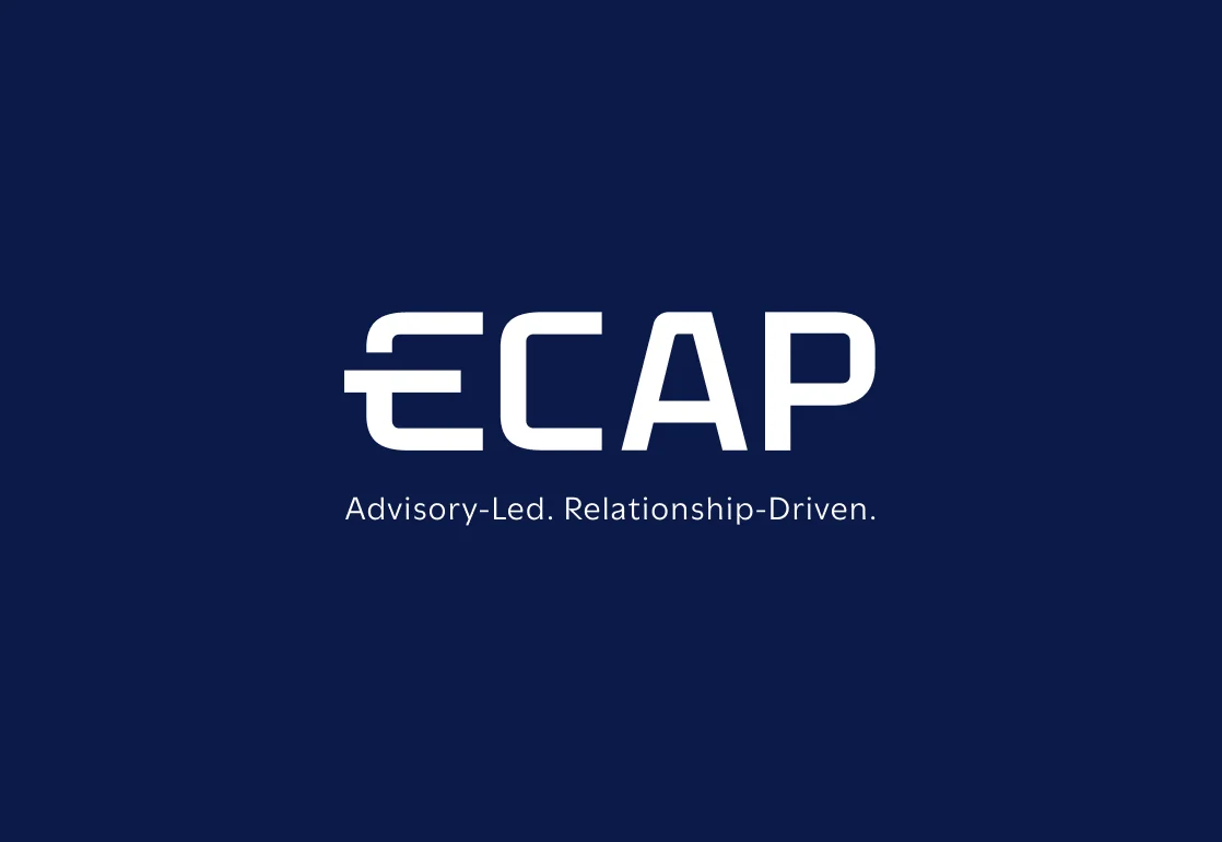 The refined ECAP logo in white on navy, with the line Advisory-Led. Relationship-Driven.