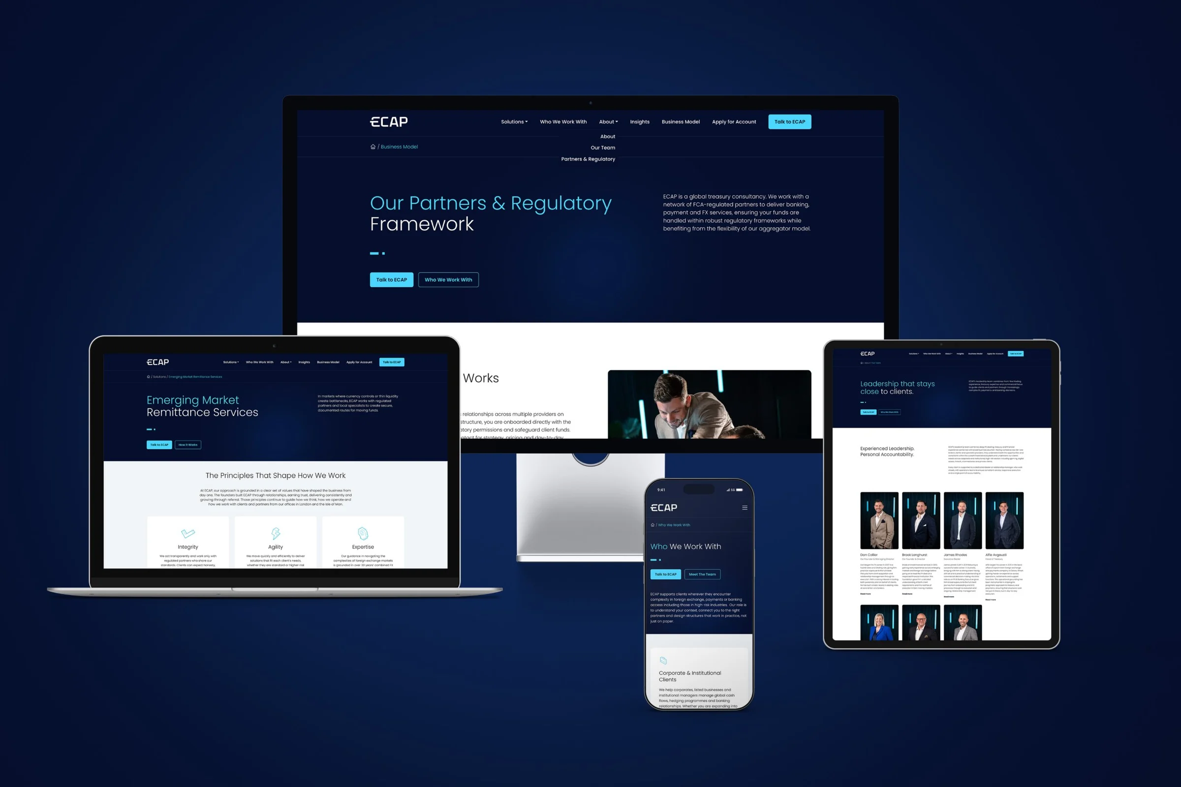 ECAP website pages on a desktop, laptop, tablet and phone