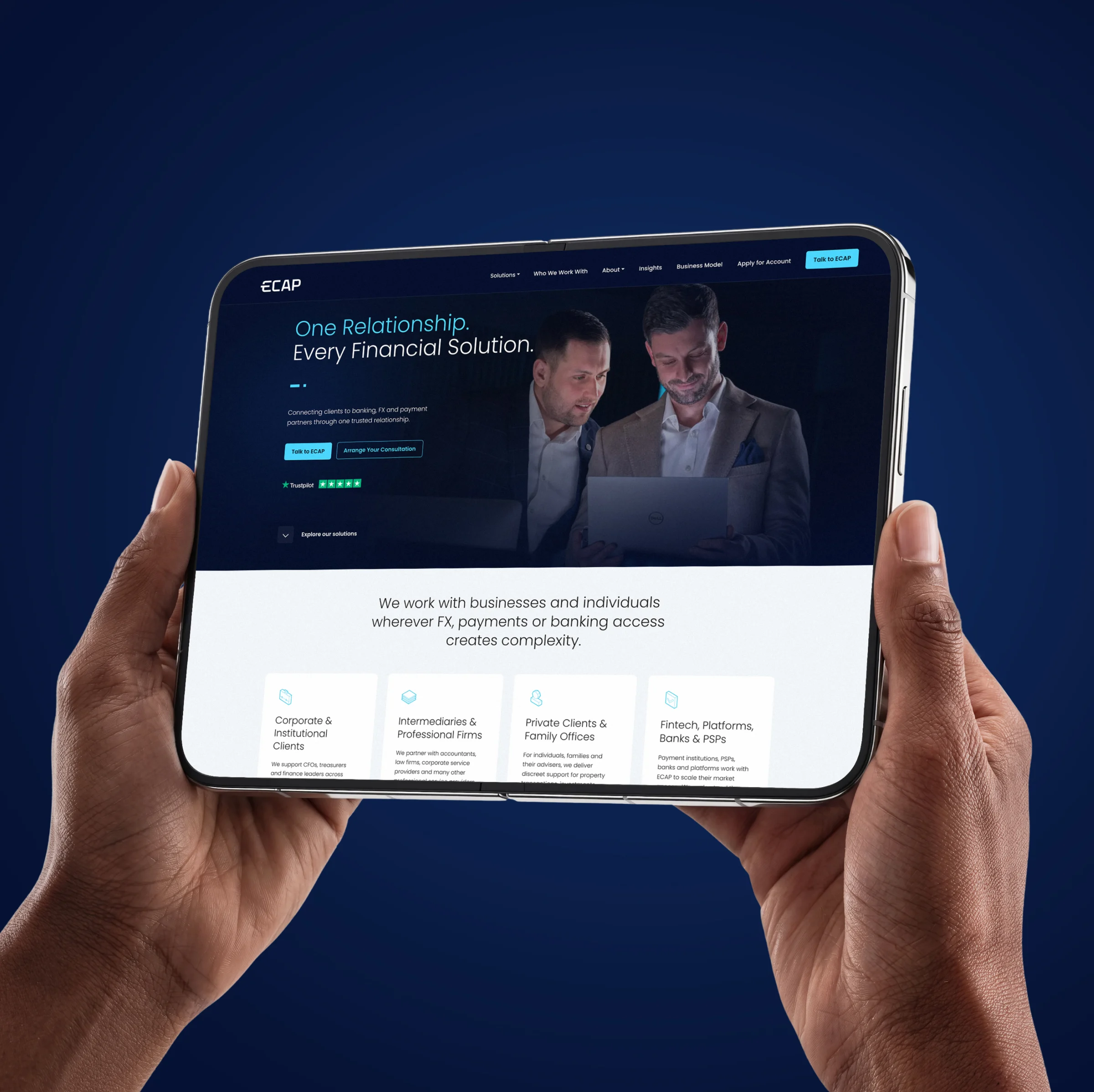 The ECAP website home page on a tablet, with the client types ECAP works with