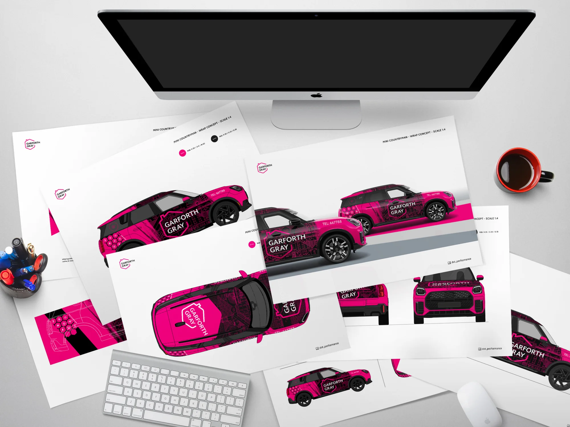 The Mini Countryman wrap concept sheets at 1:4 spread across a desk
