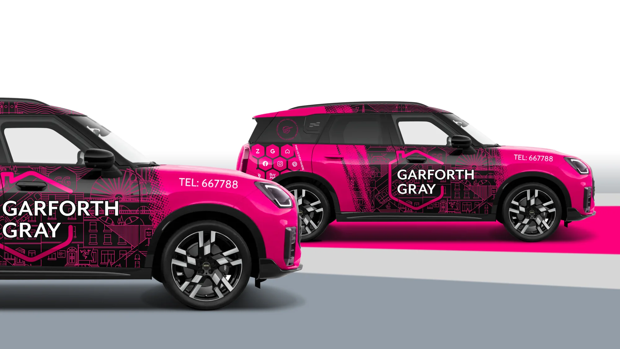 Two Garforth Gray Minis side by side, showing the pink and black wrap, the house mark and the phone number