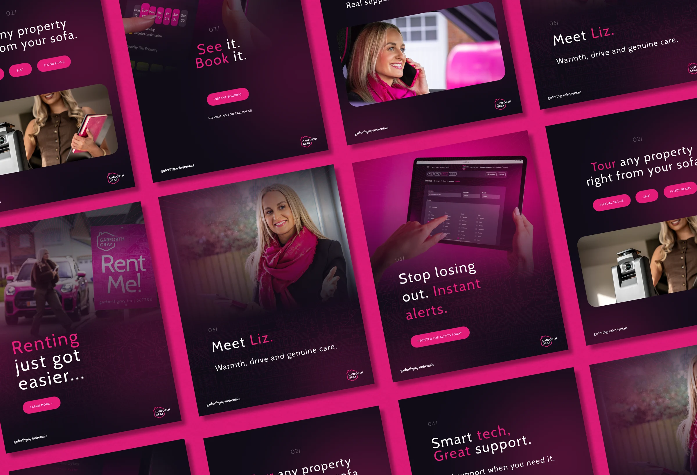 Garforth Gray rentals social posts laid out in a grid, in pink and navy