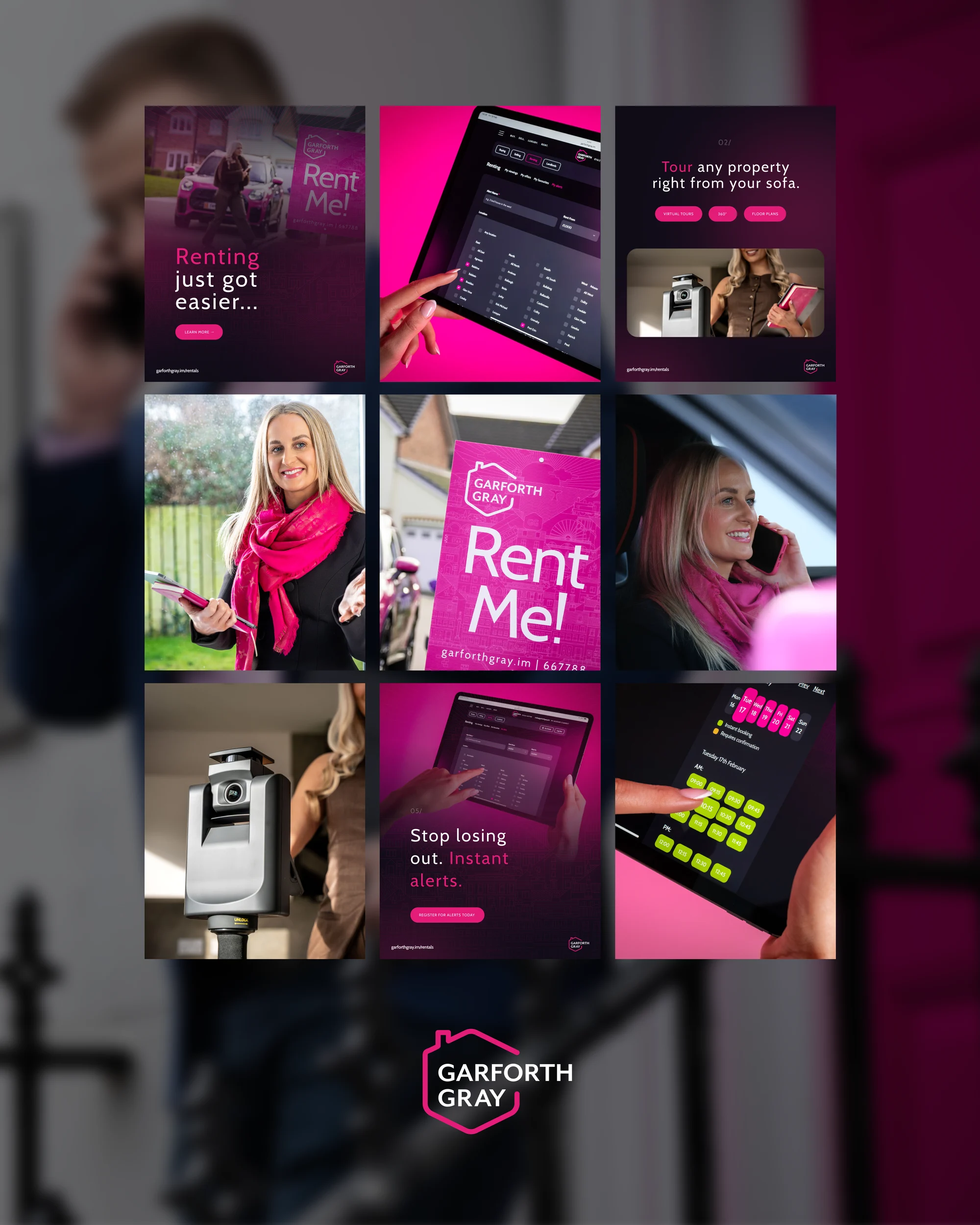 A grid of Garforth Gray rentals social posts in pink and navy, including Meet Liz and Rent Me!