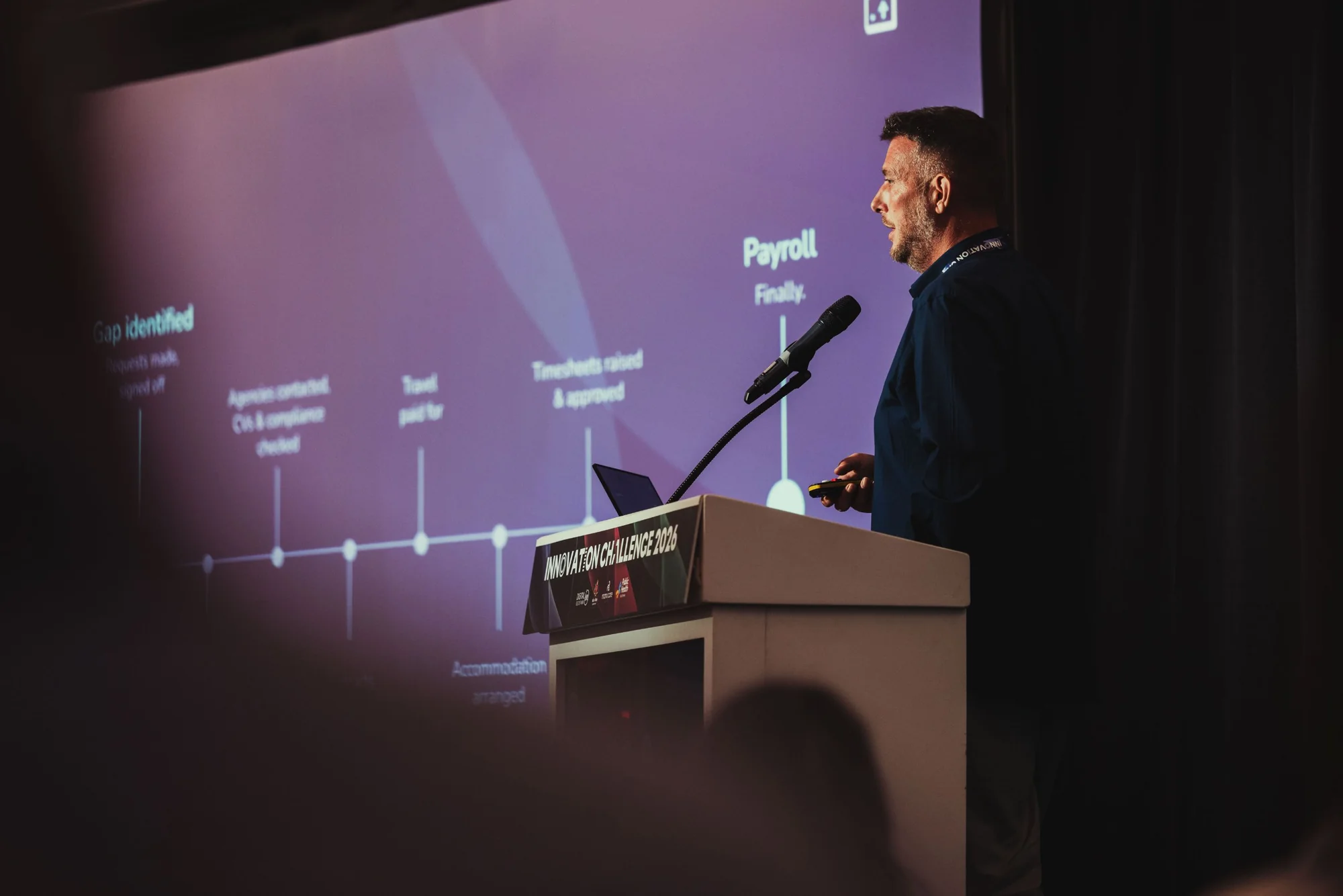 Andy Orton presenting a timeline of a locum booking, from gap identified to payroll
