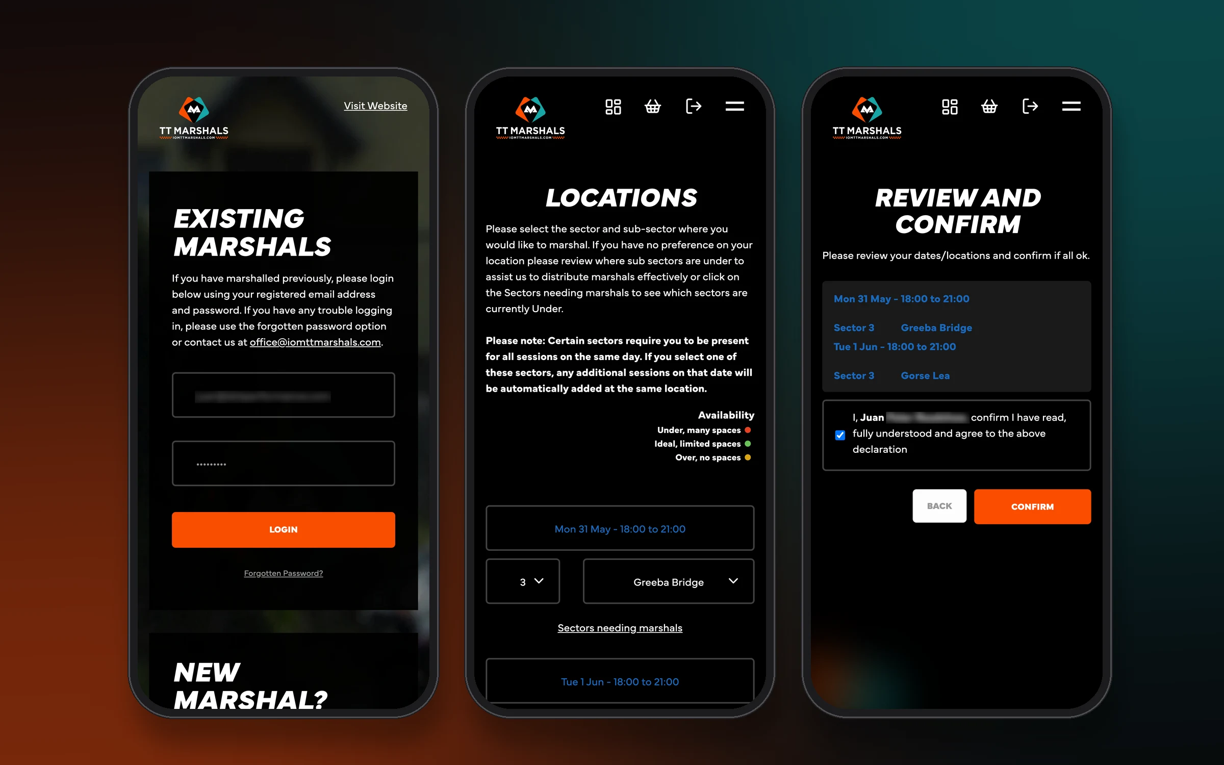 Three phones showing the portal sign-in, choosing a post, and reviewing and confirming sessions