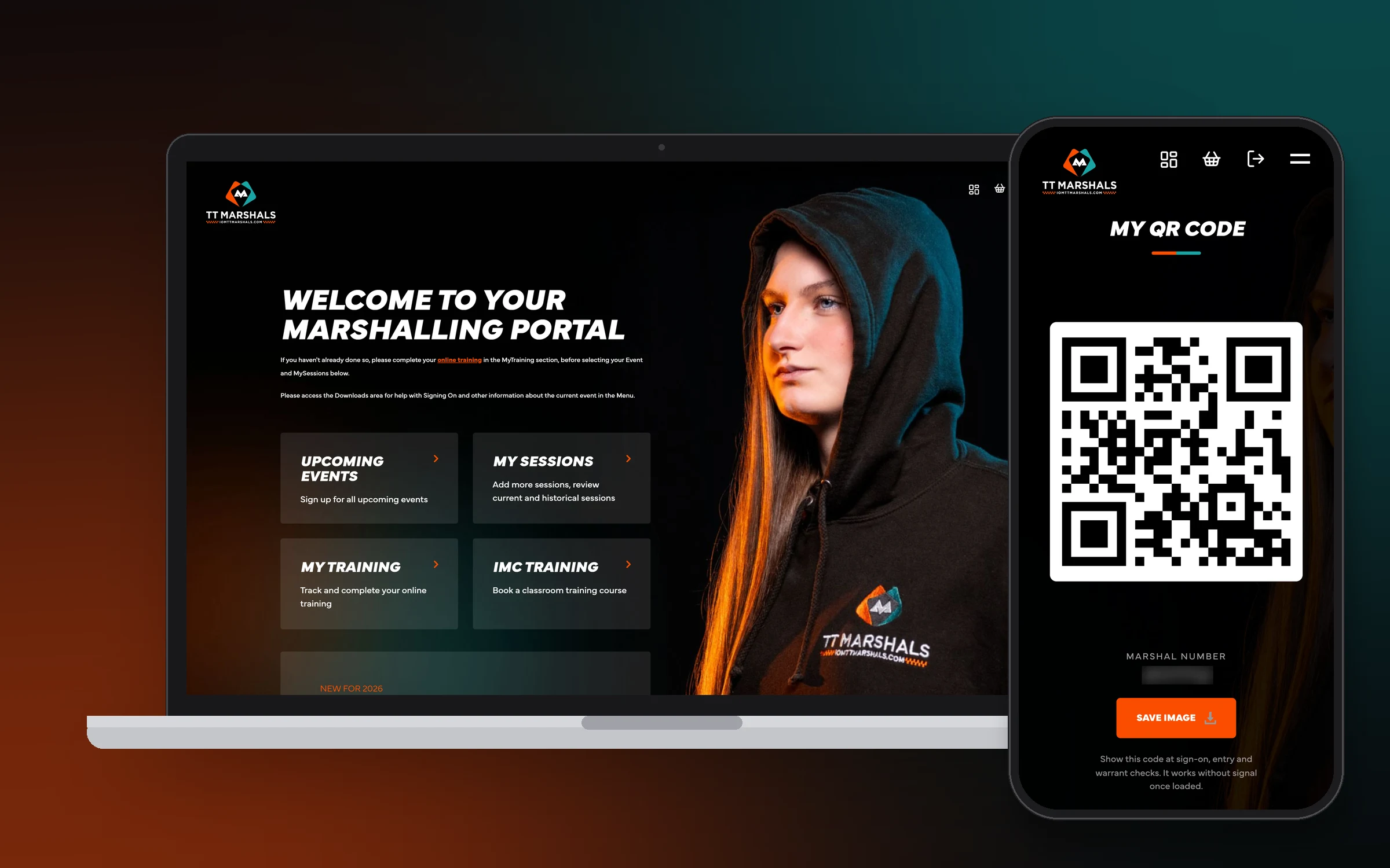 The TT Marshals portal home on a laptop, beside a marshal's QR code on a phone