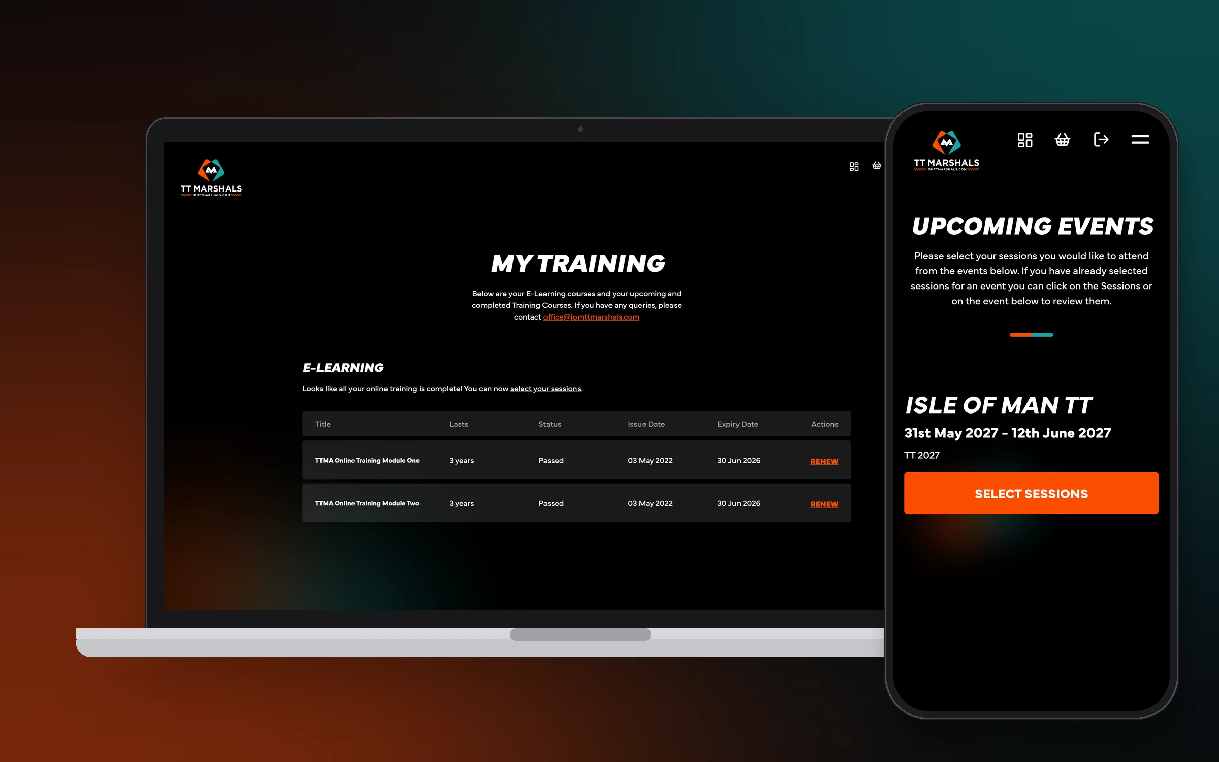 Training records with expiry dates on a laptop, and upcoming events on a phone