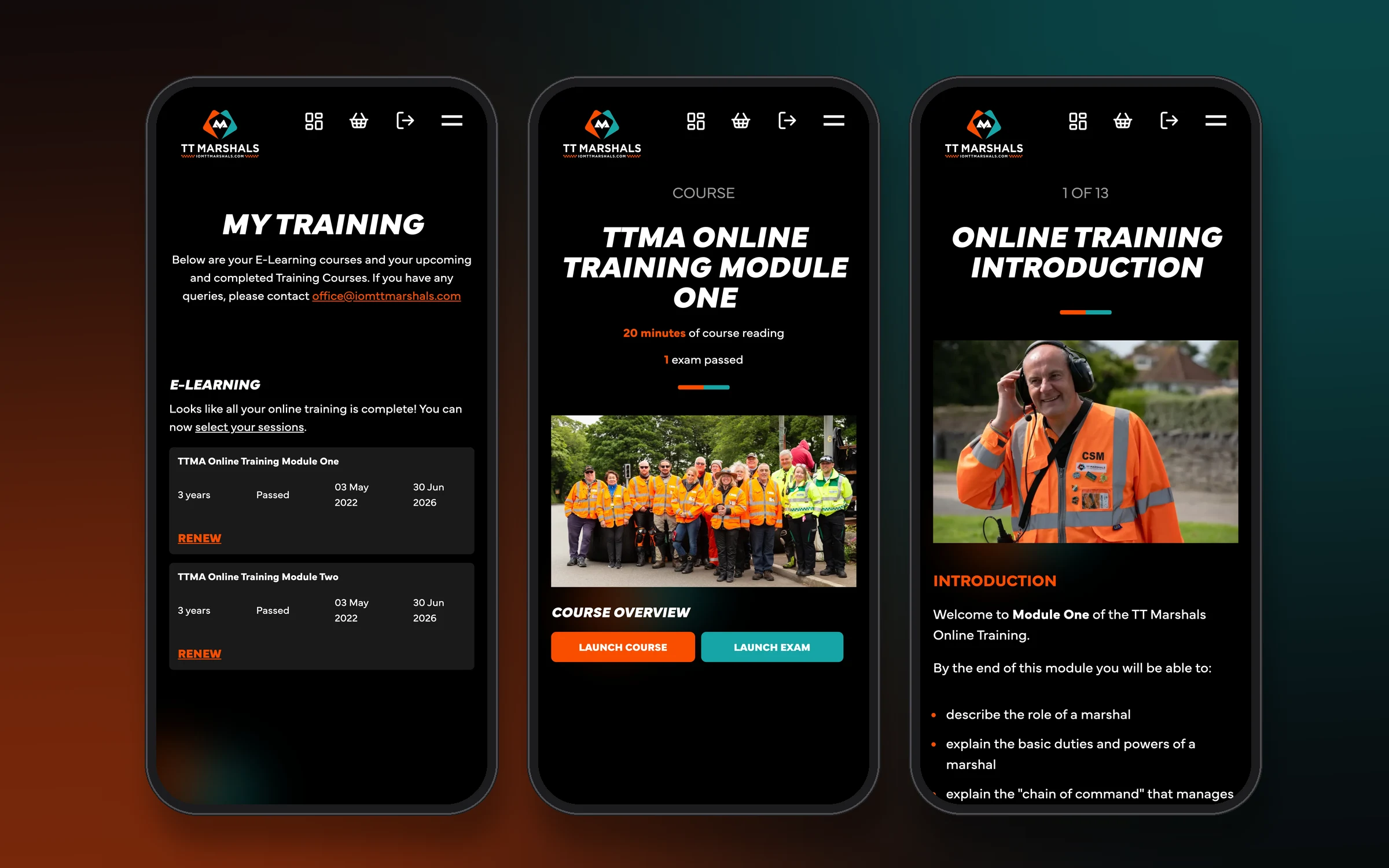 Three phones showing My Training, TTMA Online Training Module One and the training introduction